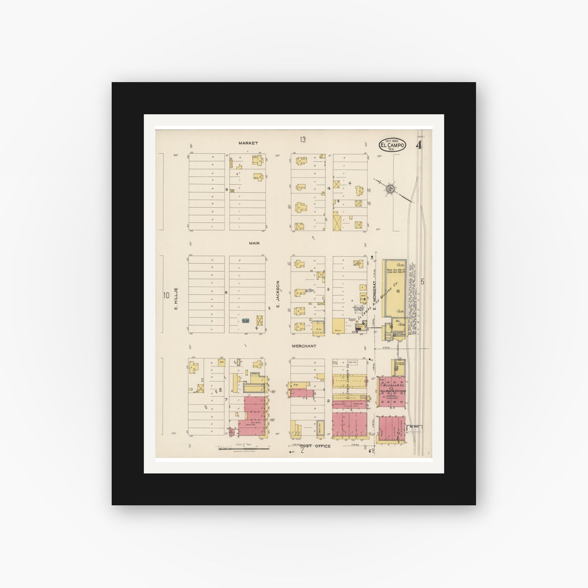 Old map wall art mockup — black gallery frame with white mat — Sanborn Fire Insurance Map from El Campo, Wharton County, Texas (1922), Sheet #0004