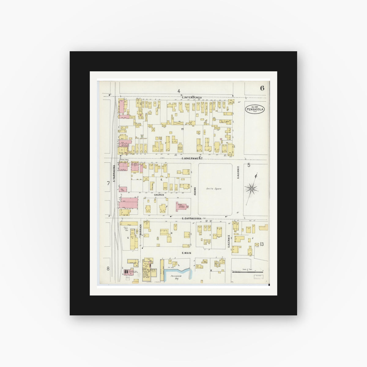 Old map wall art mockup — black gallery frame with white mat — Sanborn Fire Insurance Map from Pensacola, Escambia County, Florida (1897), Sheet #0006