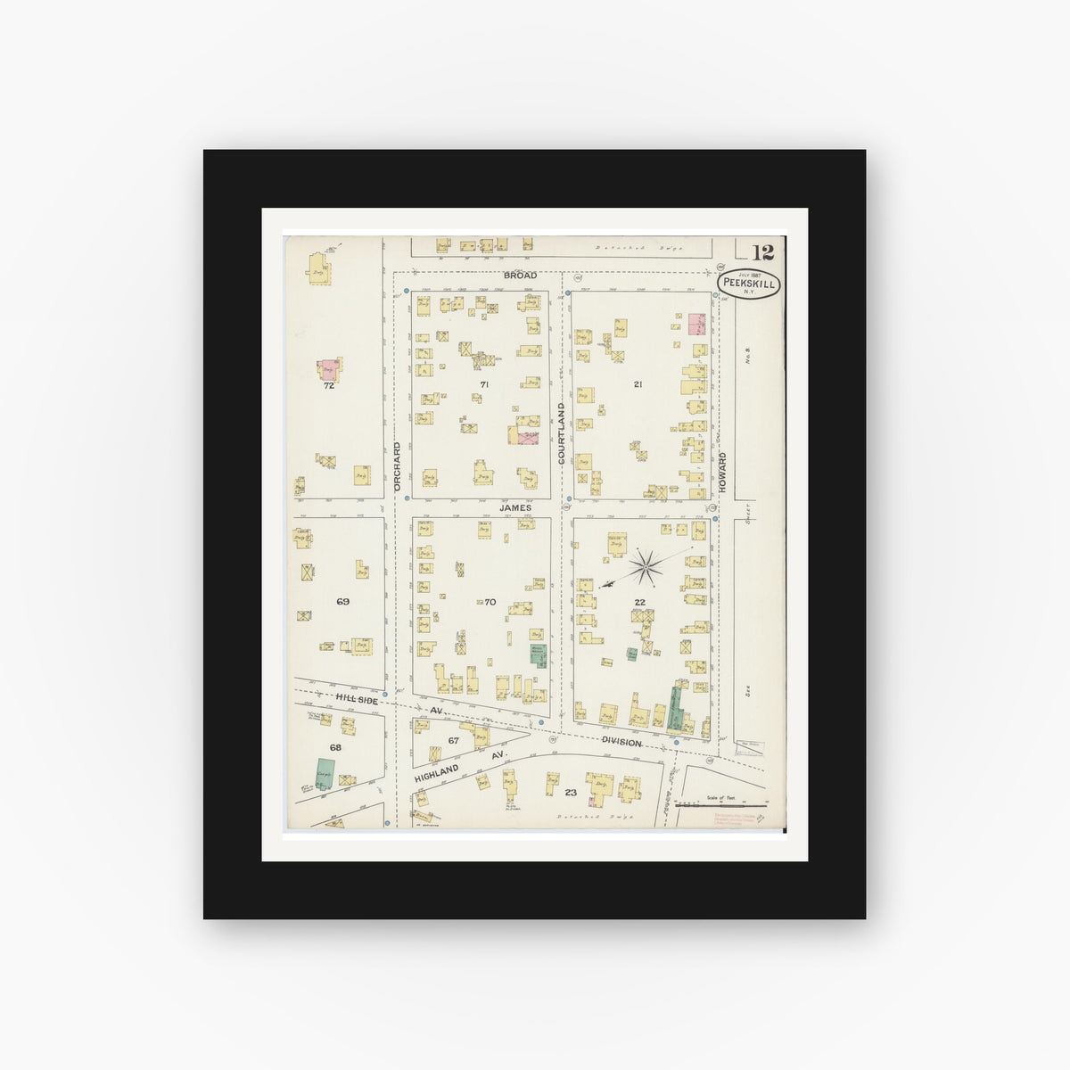 Old map wall art mockup — black gallery frame with white mat — Sanborn Fire Insurance Map from Peekskill, Westchester County, New York (1887), Sheet #0012