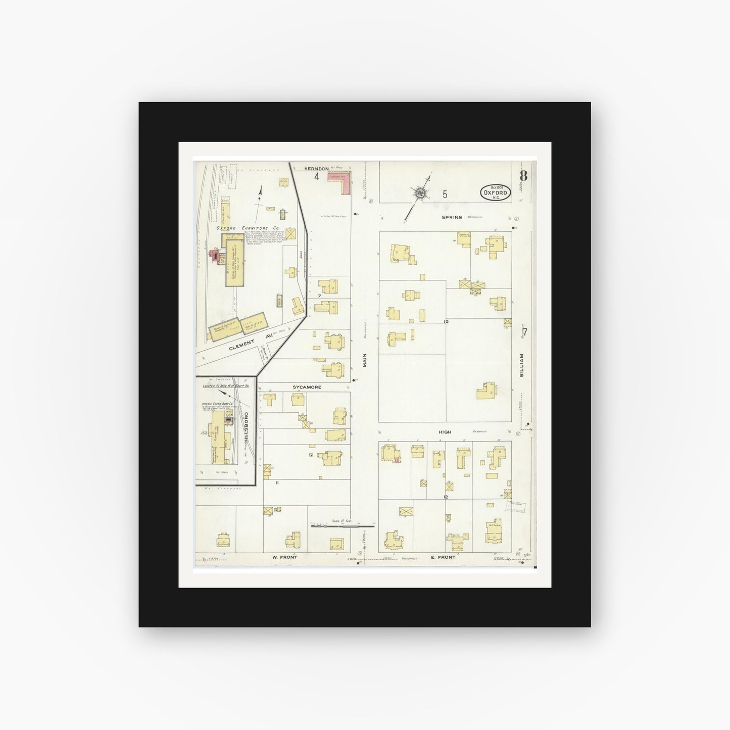 Old map wall art mockup — black gallery frame with white mat — Sanborn Fire Insurance Map from Oxford, Granville County, North Carolina (1909), Sheet #0008