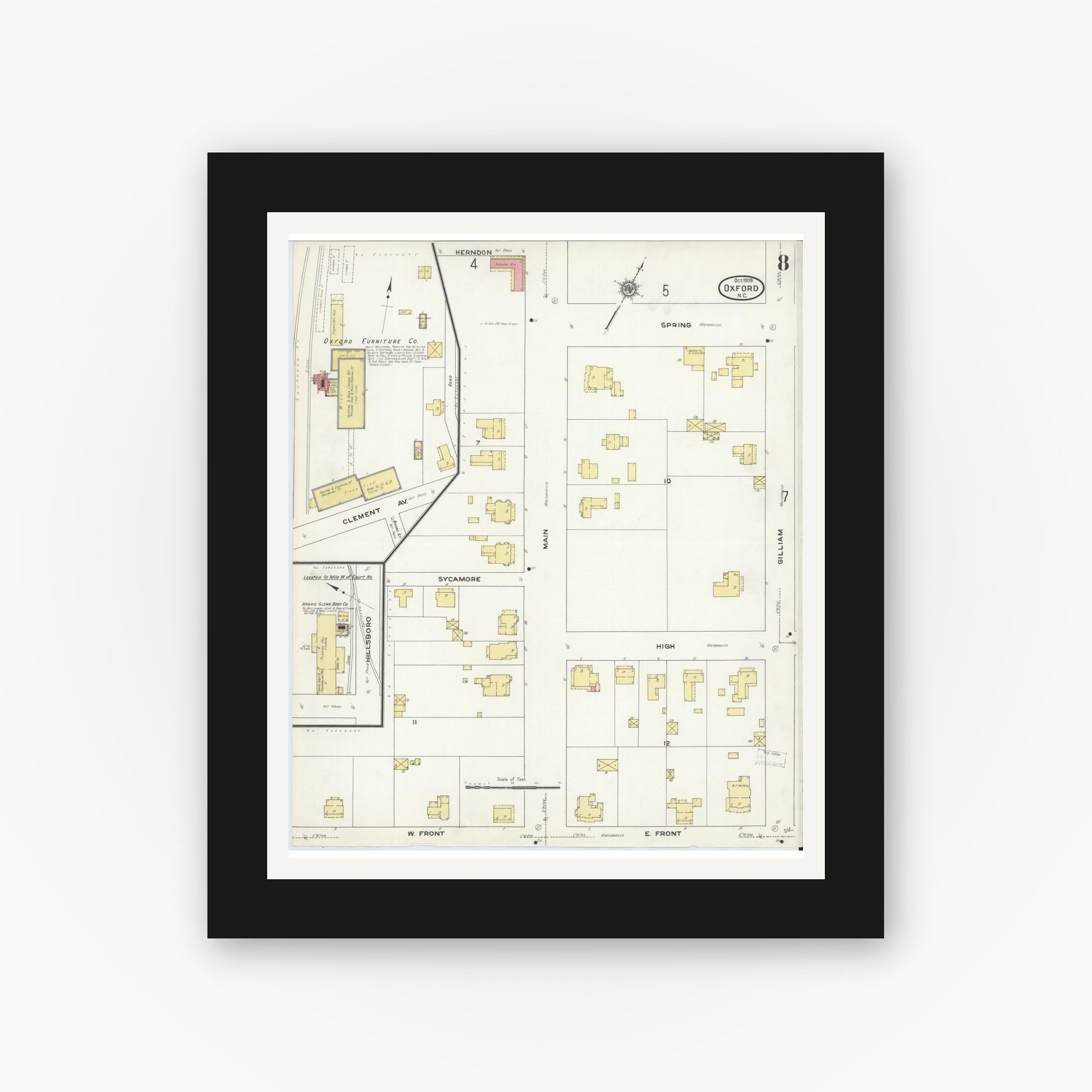 Old map wall art mockup — black gallery frame with white mat — Sanborn Fire Insurance Map from Oxford, Granville County, North Carolina (1909), Sheet #0008