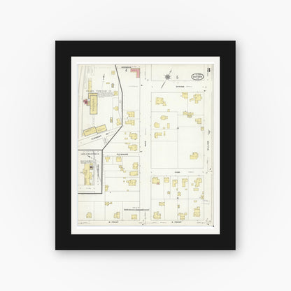 Old map wall art mockup — black gallery frame with white mat — Sanborn Fire Insurance Map from Oxford, Granville County, North Carolina (1909), Sheet #0008