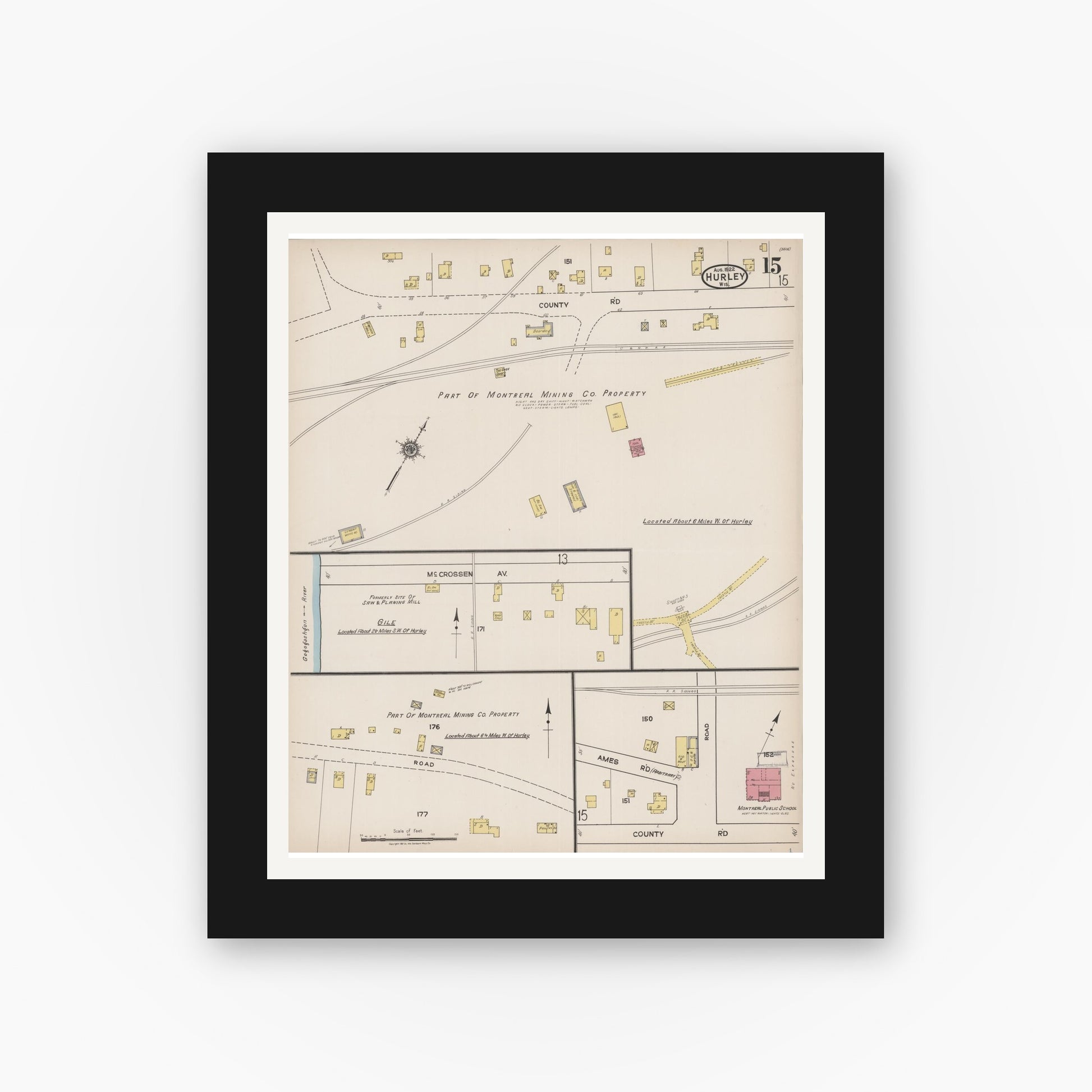 Old map wall art mockup — black gallery frame with white mat — Sanborn Fire Insurance Map from Hurley, Iron County, Wisconsin (1922), Sheet #0015