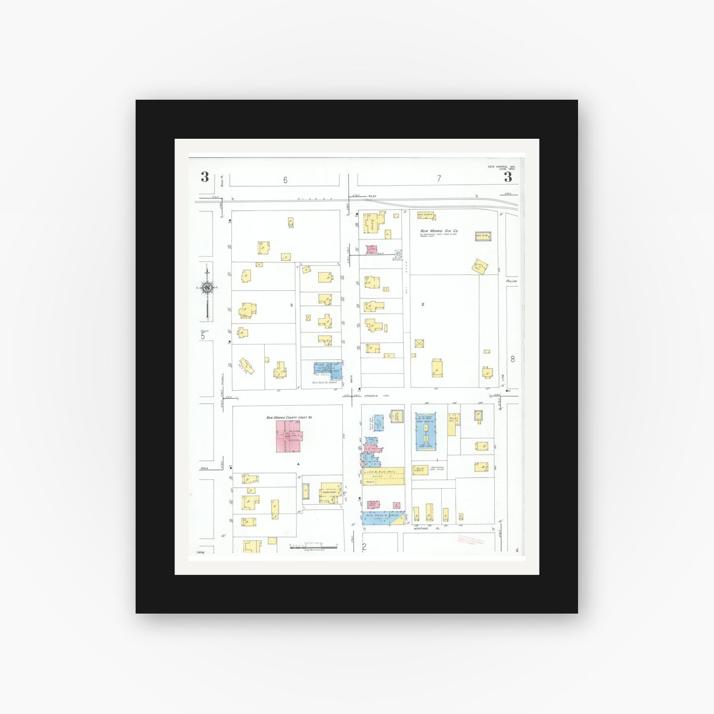 Old map wall art mockup — black gallery frame with white mat — Sanborn Fire Insurance Map from New Madrid, New Madrid County, Missouri (1950), Sheet #0003