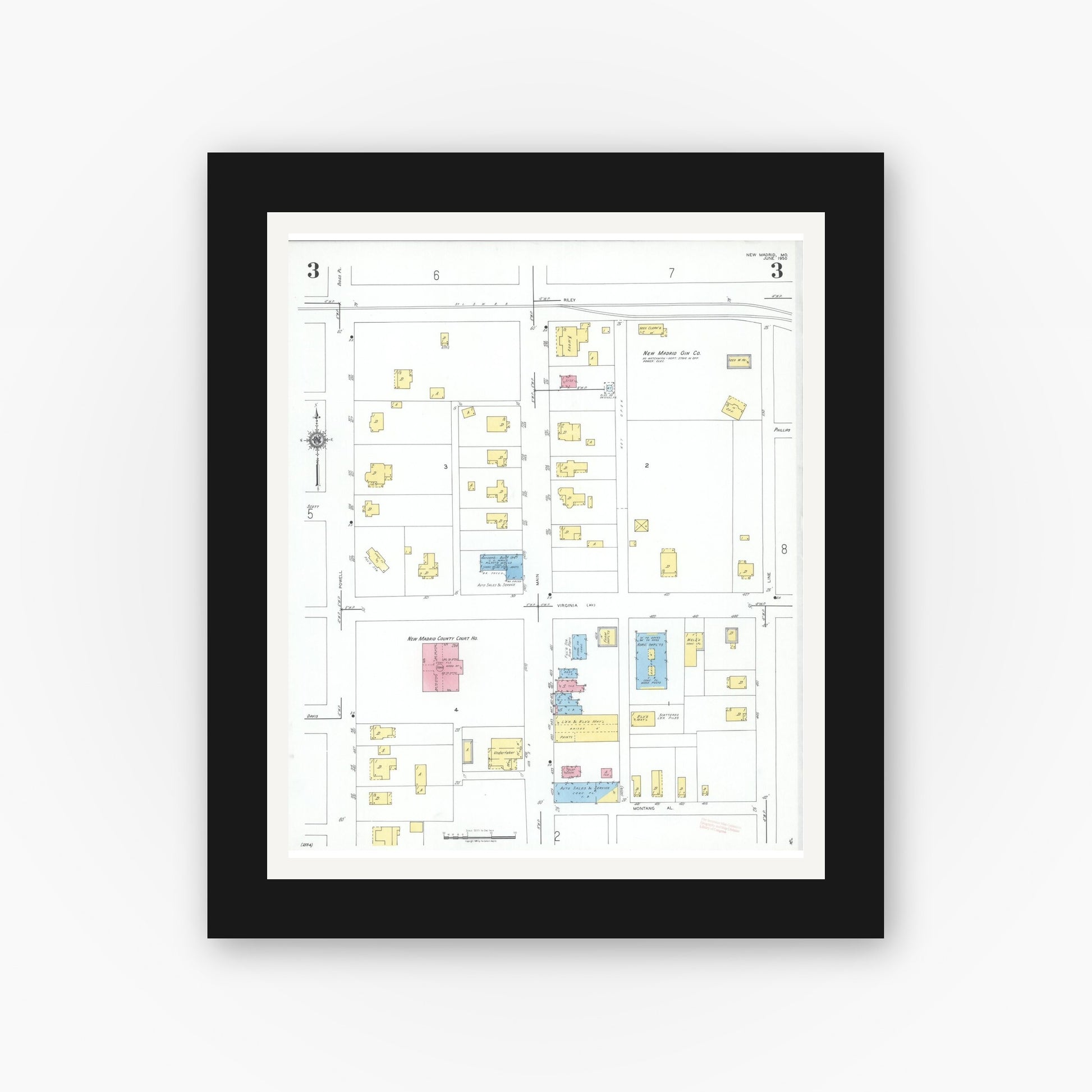 Old map wall art mockup — black gallery frame with white mat — Sanborn Fire Insurance Map from New Madrid, New Madrid County, Missouri (1950), Sheet #0003