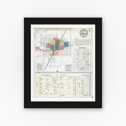 Old map wall art mockup — black gallery frame with white mat — Sanborn Fire Insurance Map from Crestline, Crawford County, Ohio (1921), Sheet #0001