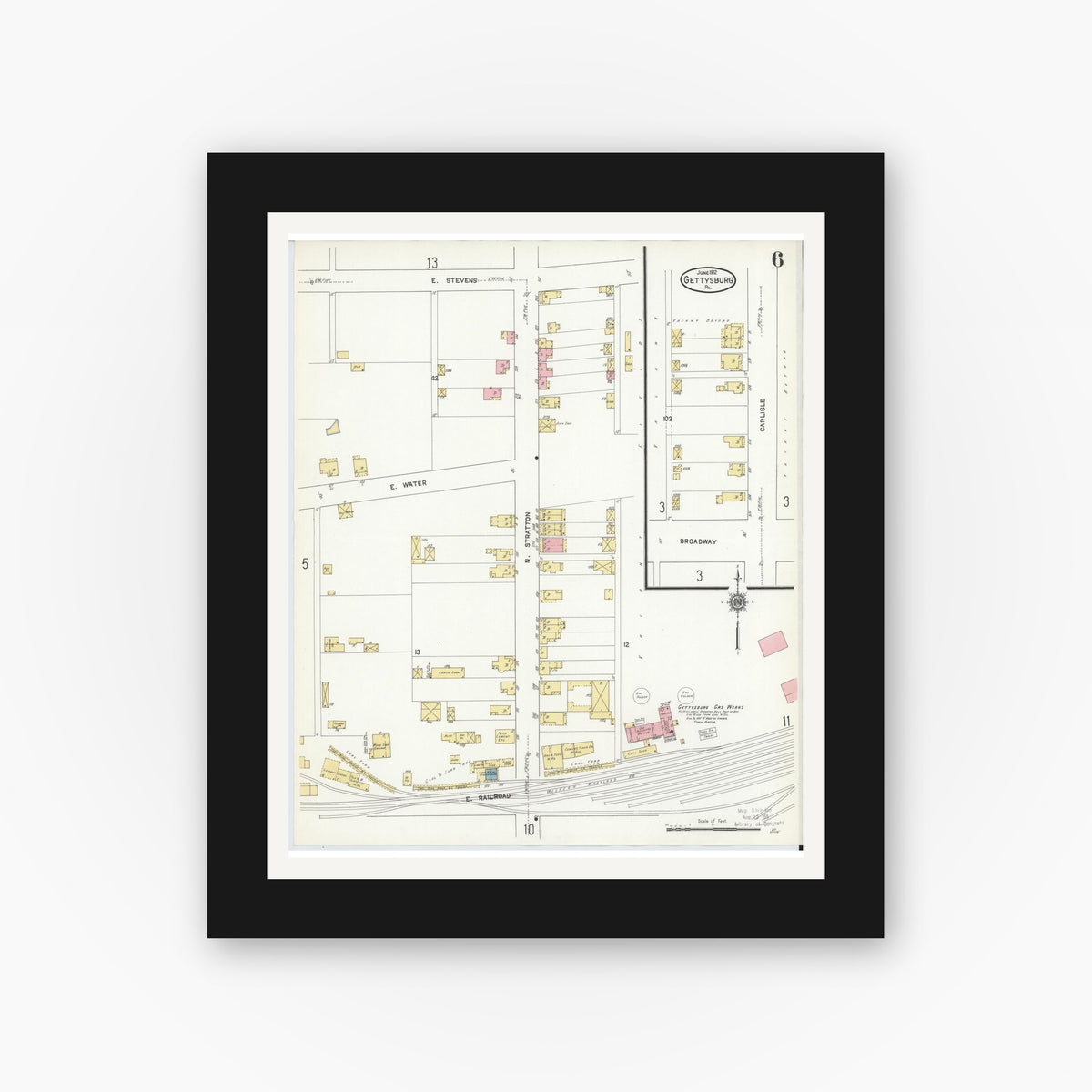 Old map wall art mockup — black gallery frame with white mat — Sanborn Fire Insurance Map from Gettysburg, Adams County, Pennsylvania (1912), Sheet #0006