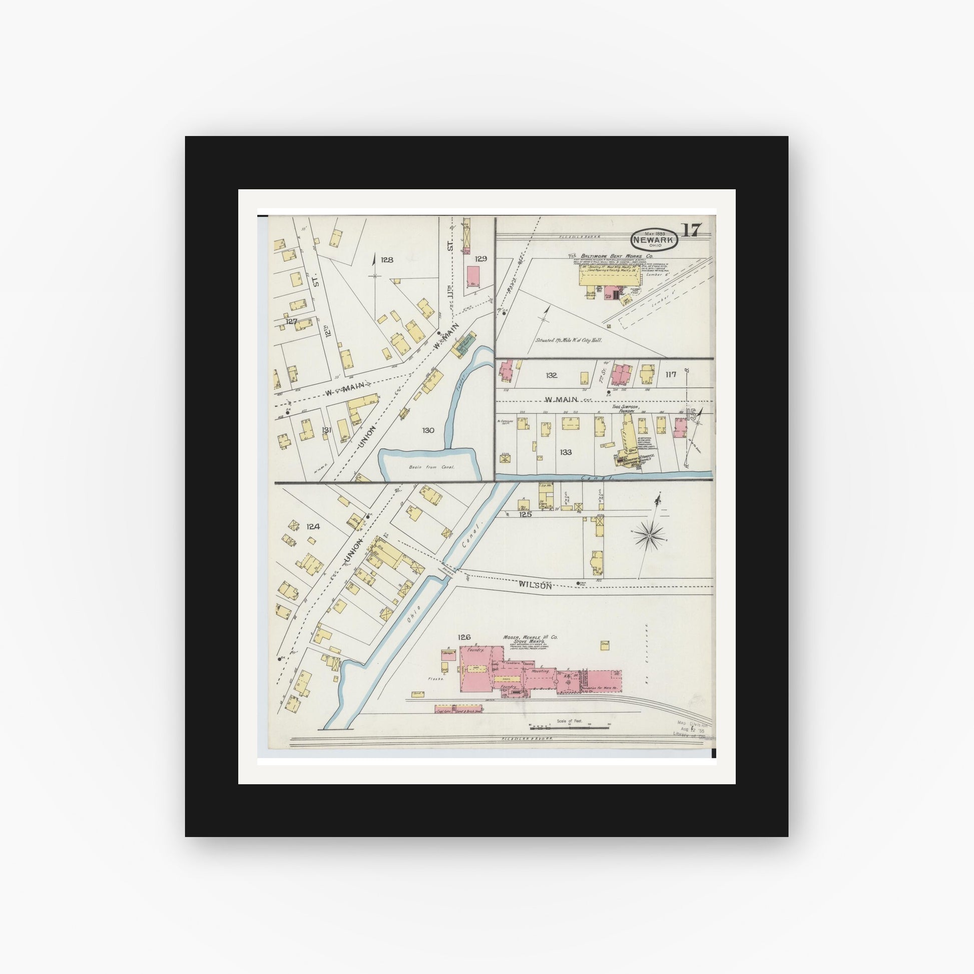 Old map wall art mockup — black gallery frame with white mat — Sanborn Fire Insurance Map from Newark, Licking County, Ohio (1893), Sheet #0017