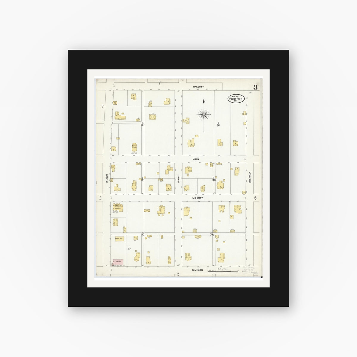 Old map wall art mockup — black gallery frame with white mat — Sanborn Fire Insurance Map from Pilot Point, Denton County, Texas (1907), Sheet #0003