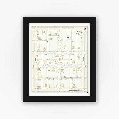Old map wall art mockup — black gallery frame with white mat — Sanborn Fire Insurance Map from Pilot Point, Denton County, Texas (1907), Sheet #0003