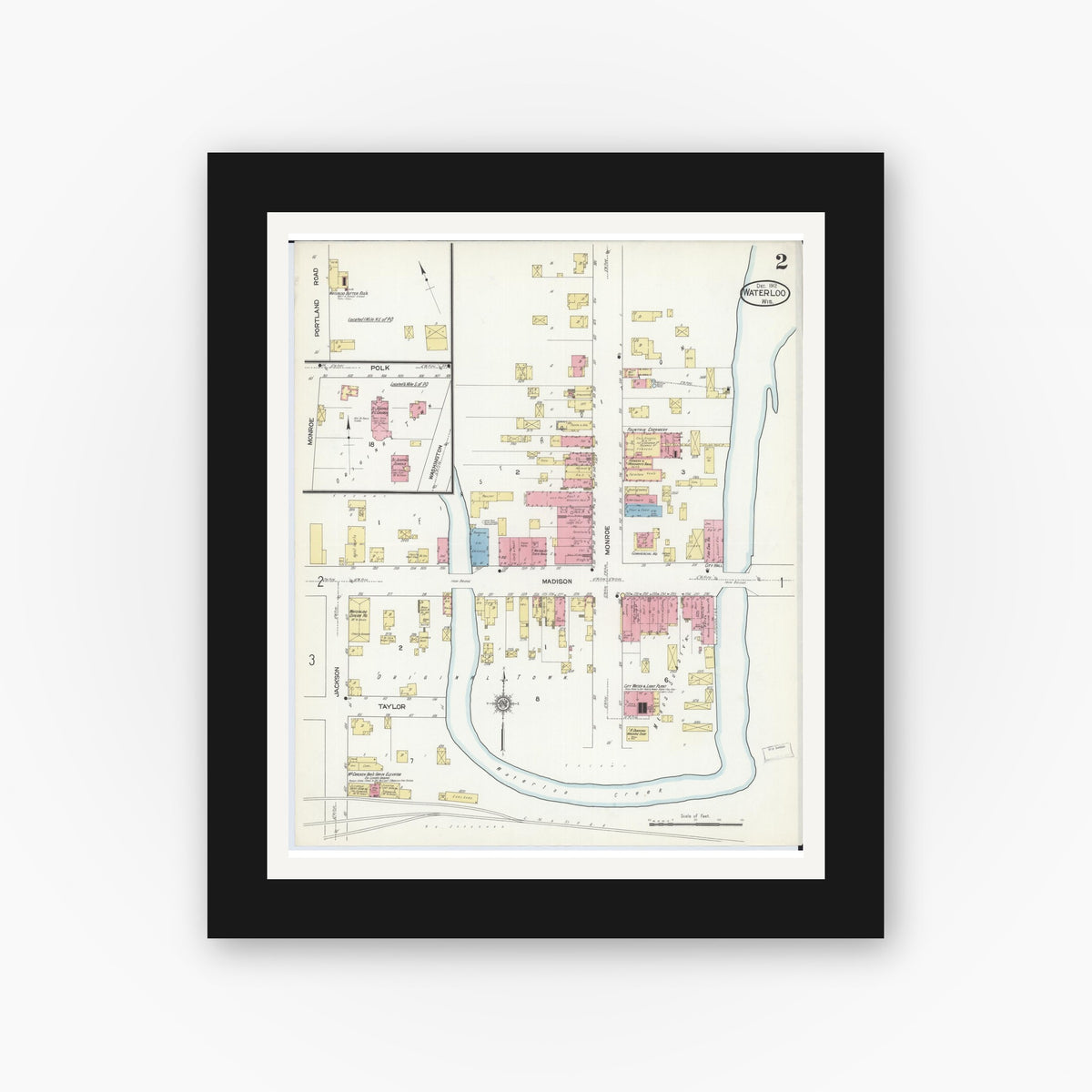 Old map wall art mockup — black gallery frame with white mat — Sanborn Fire Insurance Map from Waterloo, Jefferson County, Wisconsin (1912), Sheet #0002