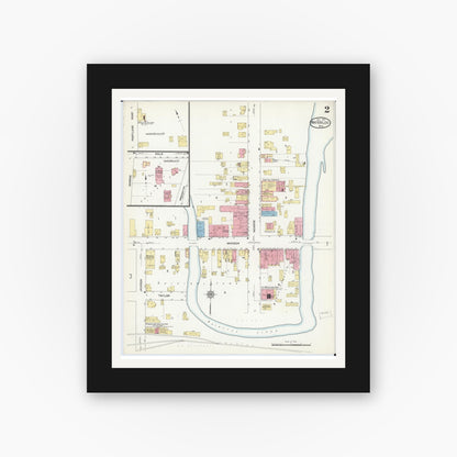 Old map wall art mockup — black gallery frame with white mat — Sanborn Fire Insurance Map from Waterloo, Jefferson County, Wisconsin (1912), Sheet #0002
