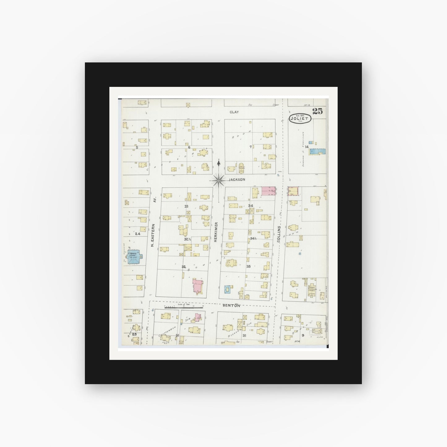 Old map wall art mockup — black gallery frame with white mat — Sanborn Fire Insurance Map from Joliet, Will County, Illinois (1891), Sheet #0025