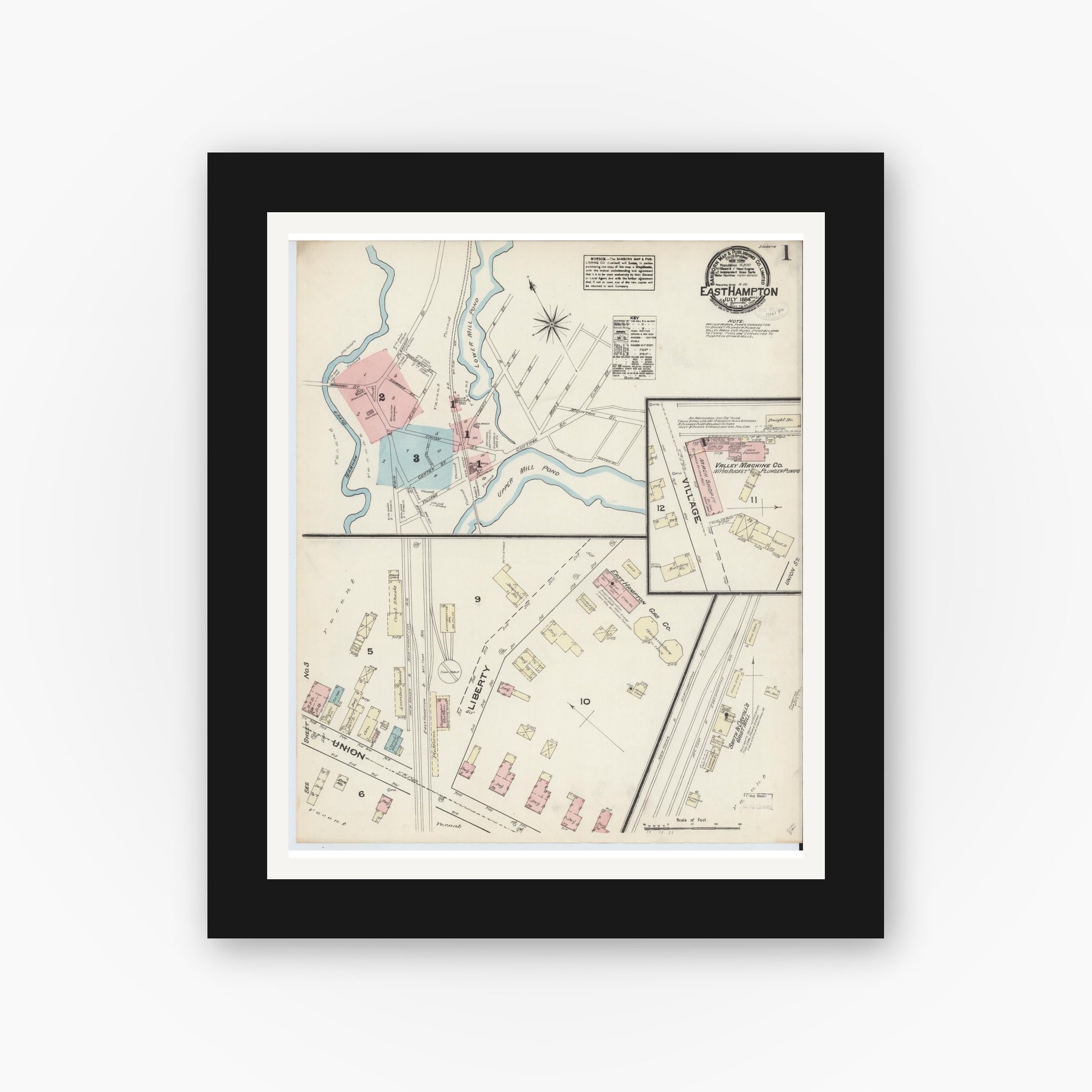 Old map wall art mockup — black gallery frame with white mat — Sanborn Fire Insurance Map from East Hampton, Hampshire County, Massachusetts (1884) - Complete Map Set