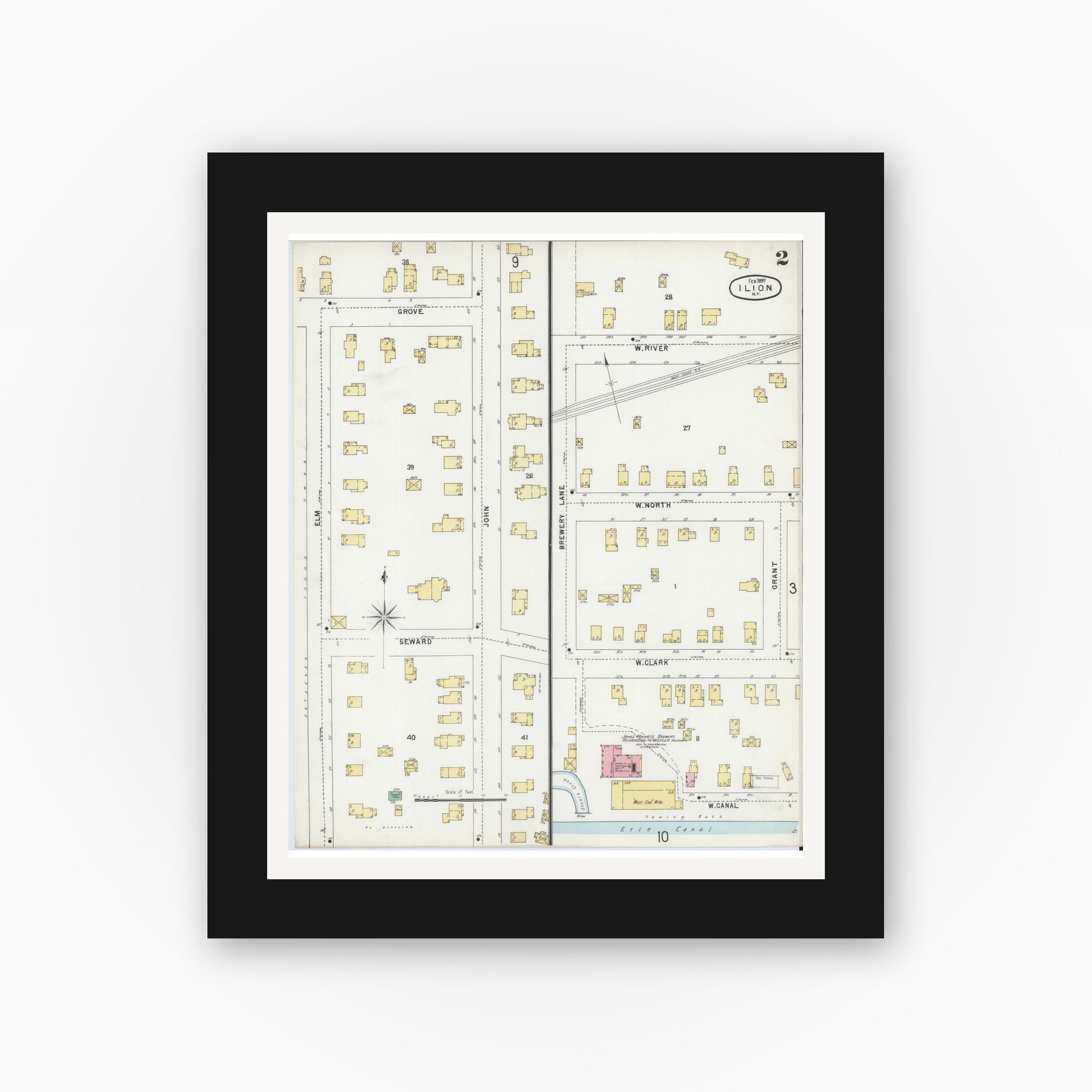 Old map wall art mockup — black gallery frame with white mat — Sanborn Fire Insurance Map from Ilion, Herkimer County, New York (1897), Sheet #0002