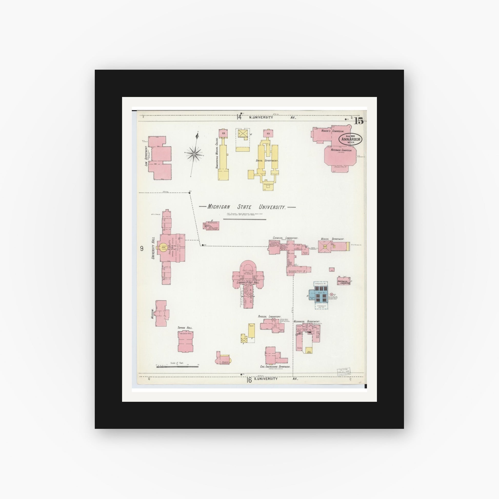 Old map wall art mockup — black gallery frame with white mat — Sanborn Fire Insurance Map from Ann Arbor, Washtenaw County, Michigan (1899), Sheet #0015