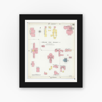 Old map wall art mockup — black gallery frame with white mat — Sanborn Fire Insurance Map from Ann Arbor, Washtenaw County, Michigan (1899), Sheet #0015