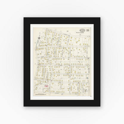 Old map wall art mockup — black gallery frame with white mat — Sanborn Fire Insurance Map from Melrose, Middlesex County, Massachusetts (1915), Sheet #0025