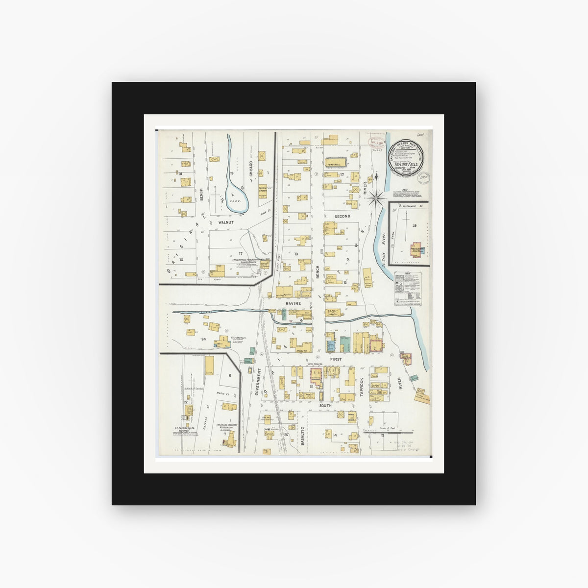 Old map wall art mockup — black gallery frame with white mat — Sanborn Fire Insurance Map from Taylors Falls, Chisago County, Minnesota (1899), Sheet #0001