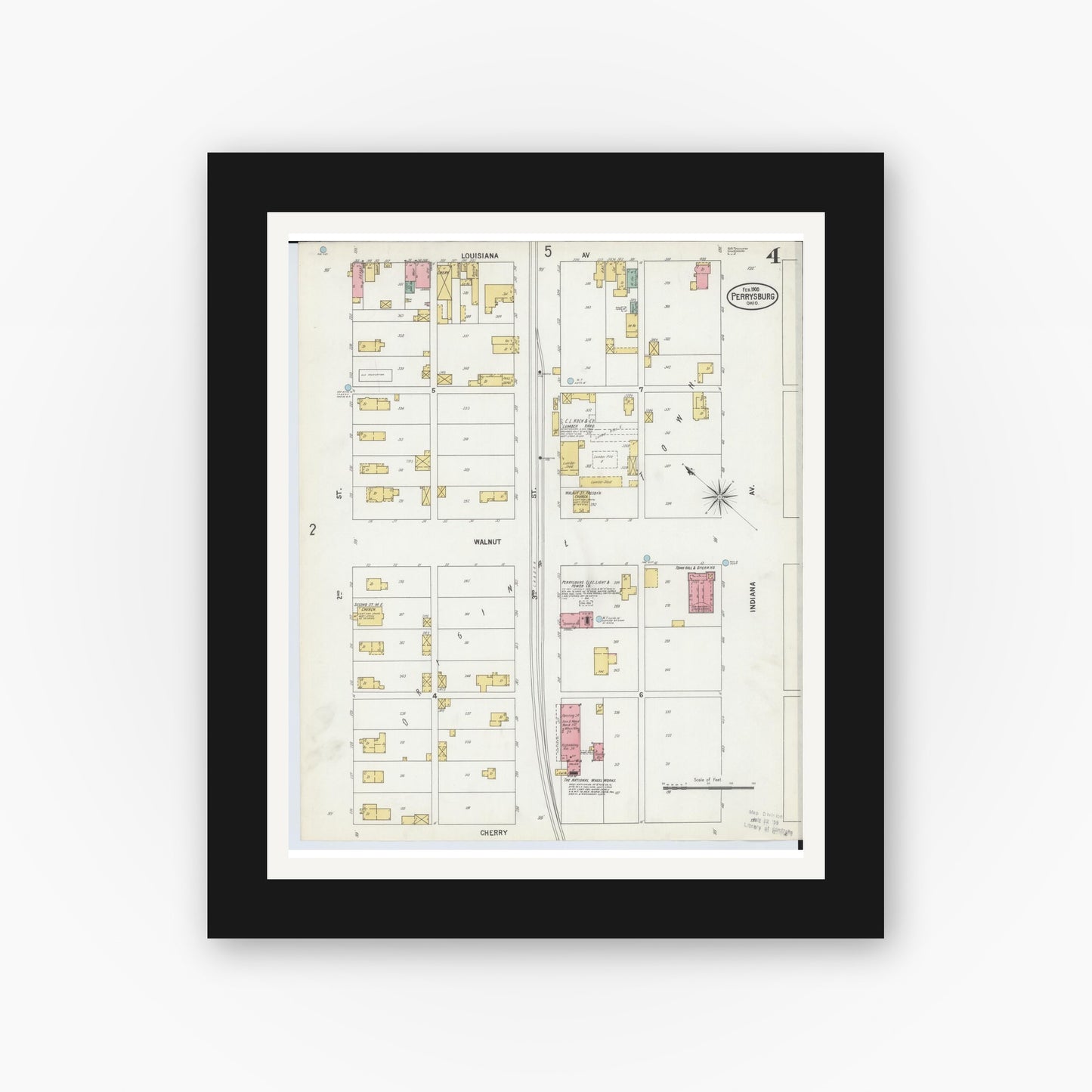 Old map wall art mockup — black gallery frame with white mat — Sanborn Fire Insurance Map from Perrysburg, Wood County, Ohio (1900), Sheet #0004