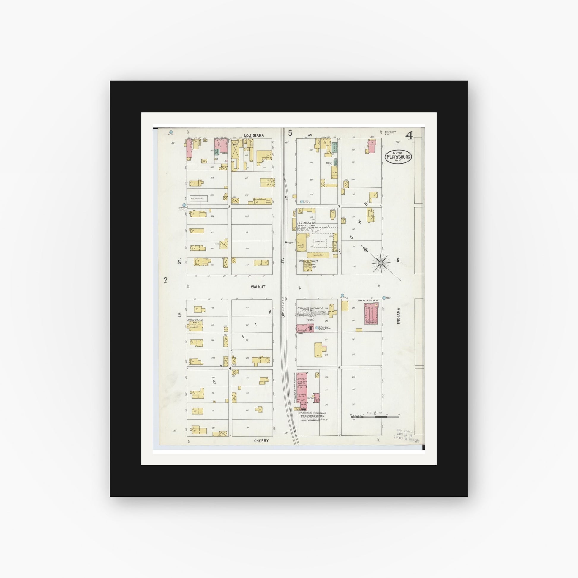 Old map wall art mockup — black gallery frame with white mat — Sanborn Fire Insurance Map from Perrysburg, Wood County, Ohio (1900), Sheet #0004