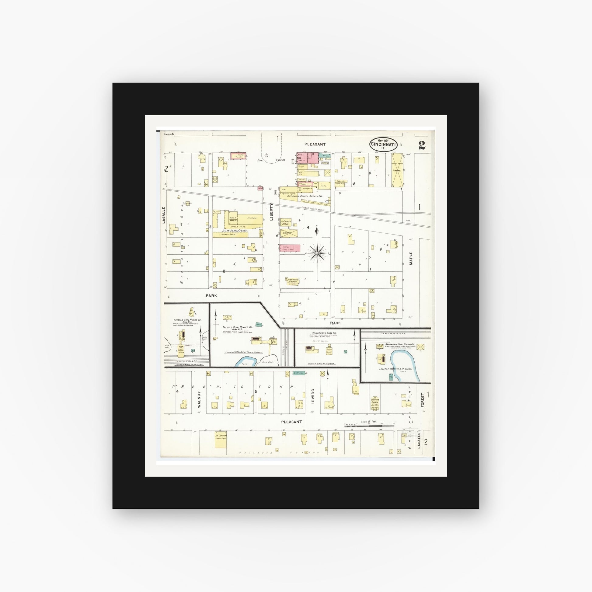 Old map wall art mockup — black gallery frame with white mat — Sanborn Fire Insurance Map from Cincinnati, Appanoose County, Iowa (1907), Sheet #0002