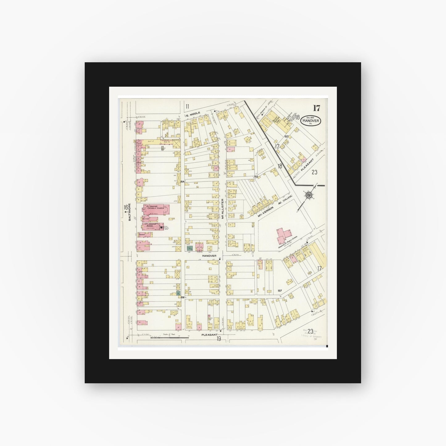 Old map wall art mockup — black gallery frame with white mat — Sanborn Fire Insurance Map from Hanover, York County, Pennsylvania (1909), Sheet #0017