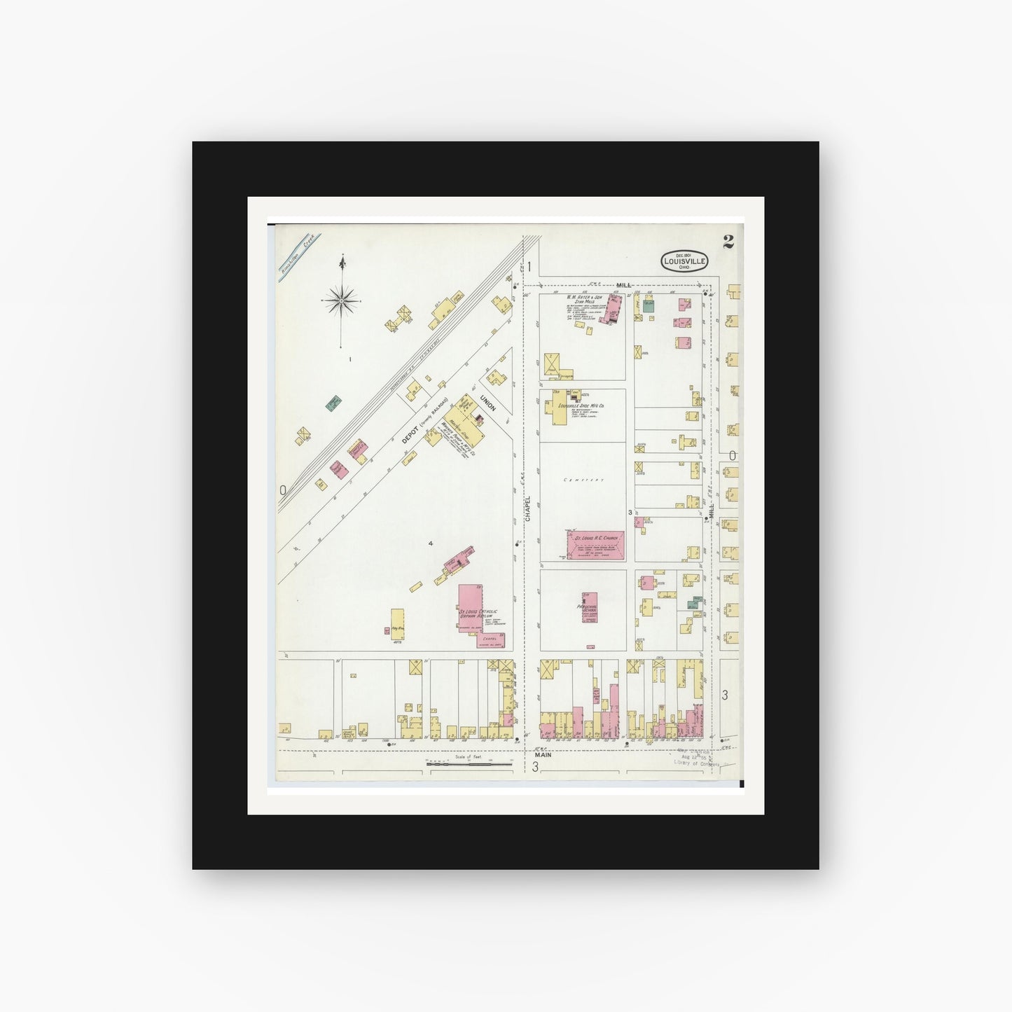 Old map wall art mockup — black gallery frame with white mat — Sanborn Fire Insurance Map from Louisville, Stark County, Ohio (1901), Sheet #0002