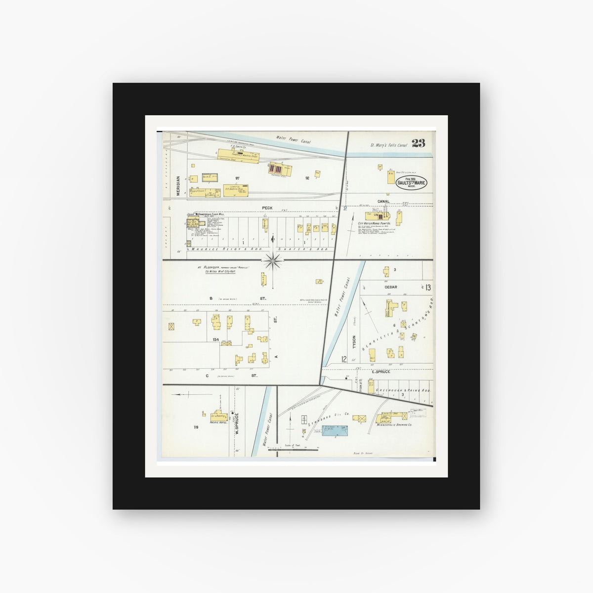 Old map wall art mockup — black gallery frame with white mat — Sanborn Fire Insurance Map from Sault Sainte Marie, Chippewa County, Michigan (1902), Sheet #0023