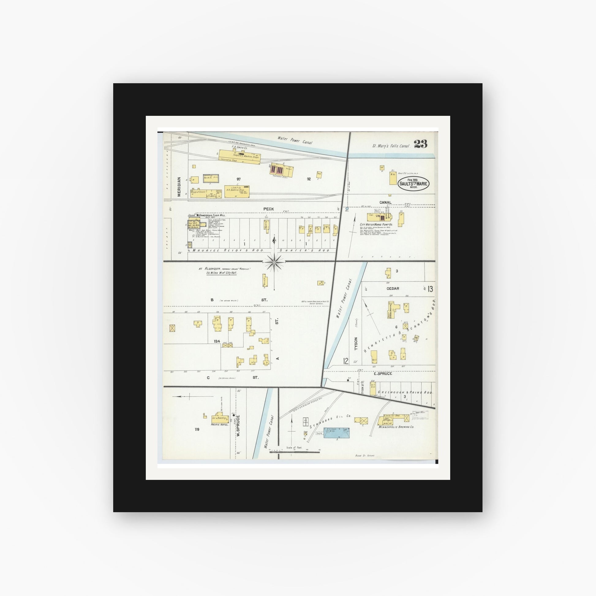 Old map wall art mockup — black gallery frame with white mat — Sanborn Fire Insurance Map from Sault Sainte Marie, Chippewa County, Michigan (1902), Sheet #0023