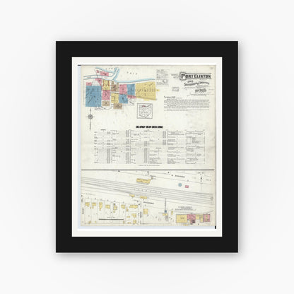 Old map wall art mockup — black gallery frame with white mat — Sanborn Fire Insurance Map from Port Clinton, Ottawa County, Ohio (1916), Sheet #0001