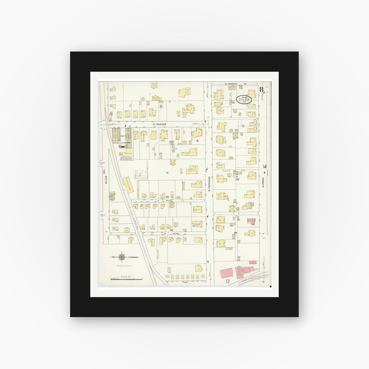 Old map wall art mockup — black gallery frame with white mat — Sanborn Fire Insurance Map from Tyler, Smith County, Texas (1912), Sheet #0008