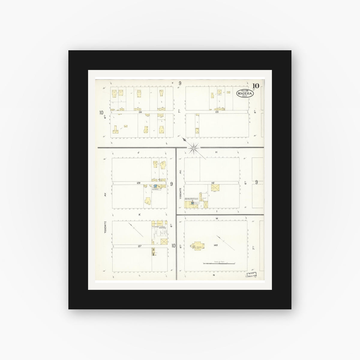 Old map wall art mockup — black gallery frame with white mat — Sanborn Fire Insurance Map from Madera, Madera County, California (1898), Sheet #0010