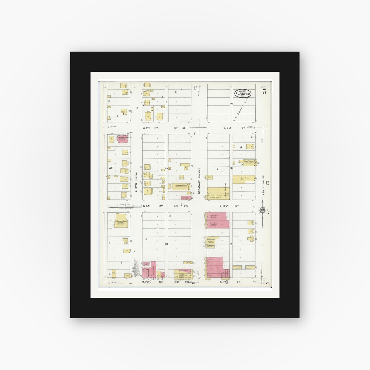 Old map wall art mockup — black gallery frame with white mat — Sanborn Fire Insurance Map from Plainview, Hale County, Texas (1921), Sheet #0005