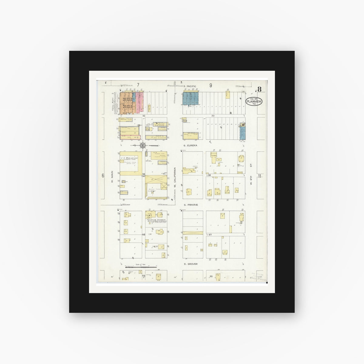 Old map wall art mockup — black gallery frame with white mat — Sanborn Fire Insurance Map from Plainview, Hale County, Texas (1914), Sheet #0008