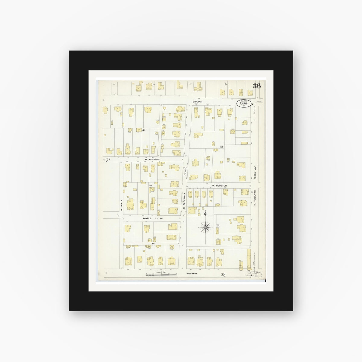 Old map wall art mockup — black gallery frame with white mat — Sanborn Fire Insurance Map from Paris, Lamar County, Texas (1908), Sheet #0036