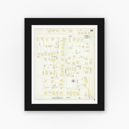 Old map wall art mockup — black gallery frame with white mat — Sanborn Fire Insurance Map from Paris, Lamar County, Texas (1908), Sheet #0036