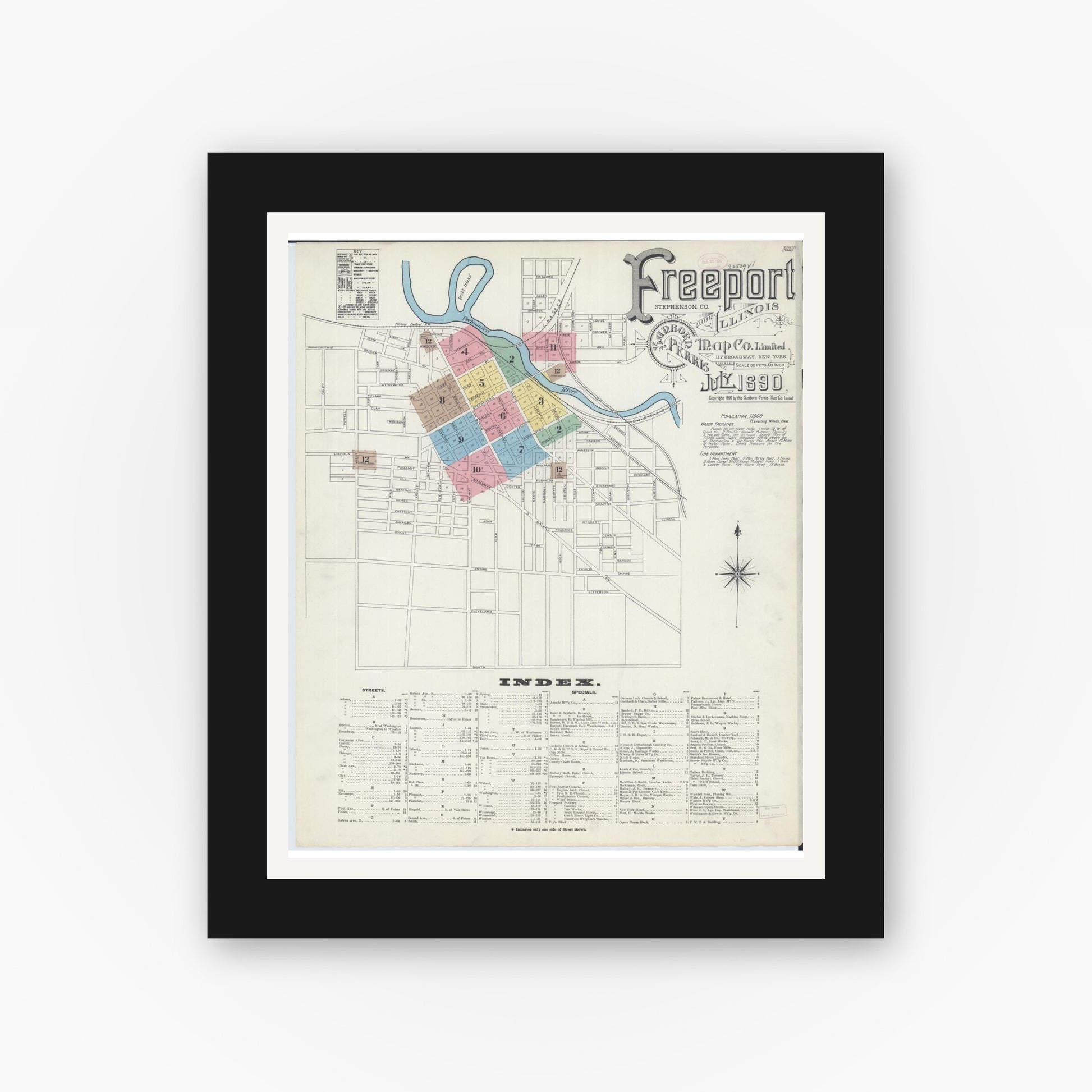 Old map wall art mockup — black gallery frame with white mat — Sanborn Fire Insurance Map from Freeport, Stephenson County, Illinois (1890), Sheet #0001
