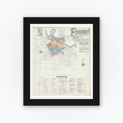 Old map wall art mockup — black gallery frame with white mat — Sanborn Fire Insurance Map from Freeport, Stephenson County, Illinois (1890), Sheet #0001