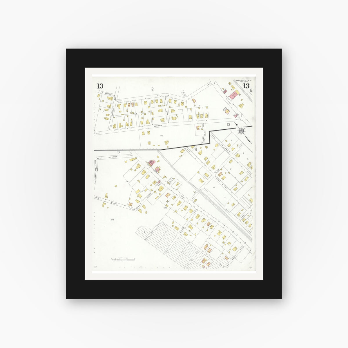 Old map wall art mockup — black gallery frame with white mat — Sanborn Fire Insurance Map from Kannapolis, Rowan And Cabarrus Counties, North Carolina (1932), Sheet #0013
