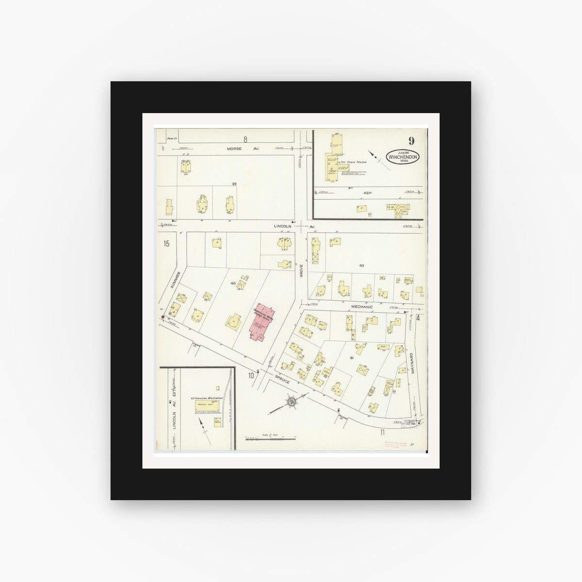 Old map wall art mockup — black gallery frame with white mat — Sanborn Fire Insurance Map from Winchendon, Worcester County, Massachusetts (1914), Sheet #0009
