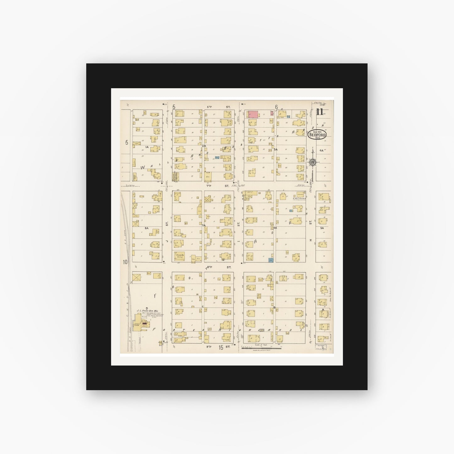 Old map wall art mockup — black gallery frame with white mat — Sanborn Fire Insurance Map from Bedford, Lawrence County, Indiana (1922), Sheet #0011