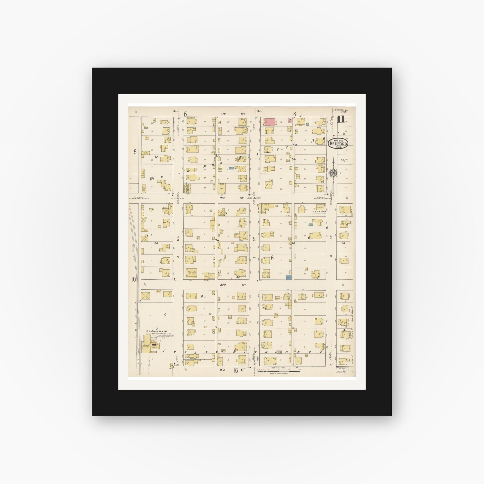 Old map wall art mockup — black gallery frame with white mat — Sanborn Fire Insurance Map from Bedford, Lawrence County, Indiana (1922), Sheet #0011