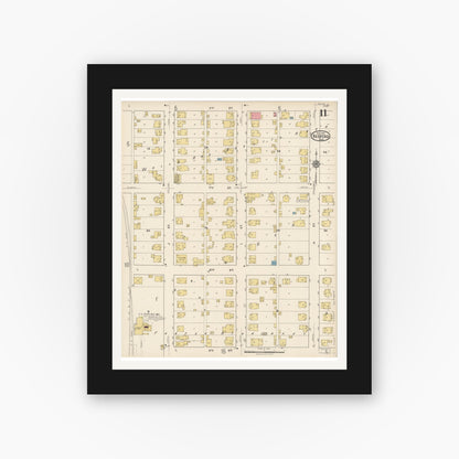 Old map wall art mockup — black gallery frame with white mat — Sanborn Fire Insurance Map from Bedford, Lawrence County, Indiana (1922), Sheet #0011