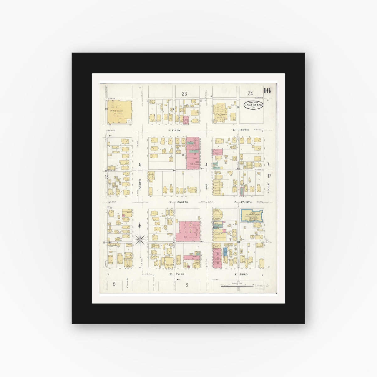 Old map wall art mockup — black gallery frame with white mat — Sanborn Fire Insurance Map from Long Beach, Los Angeles County, California (1908), Sheet #0016