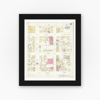 Old map wall art mockup — black gallery frame with white mat — Sanborn Fire Insurance Map from Long Beach, Los Angeles County, California (1908), Sheet #0016