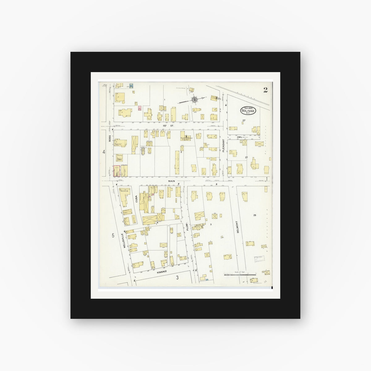 Old map wall art mockup — black gallery frame with white mat — Sanborn Fire Insurance Map from Bolivar, Allegany County, New York (1909), Sheet #0002