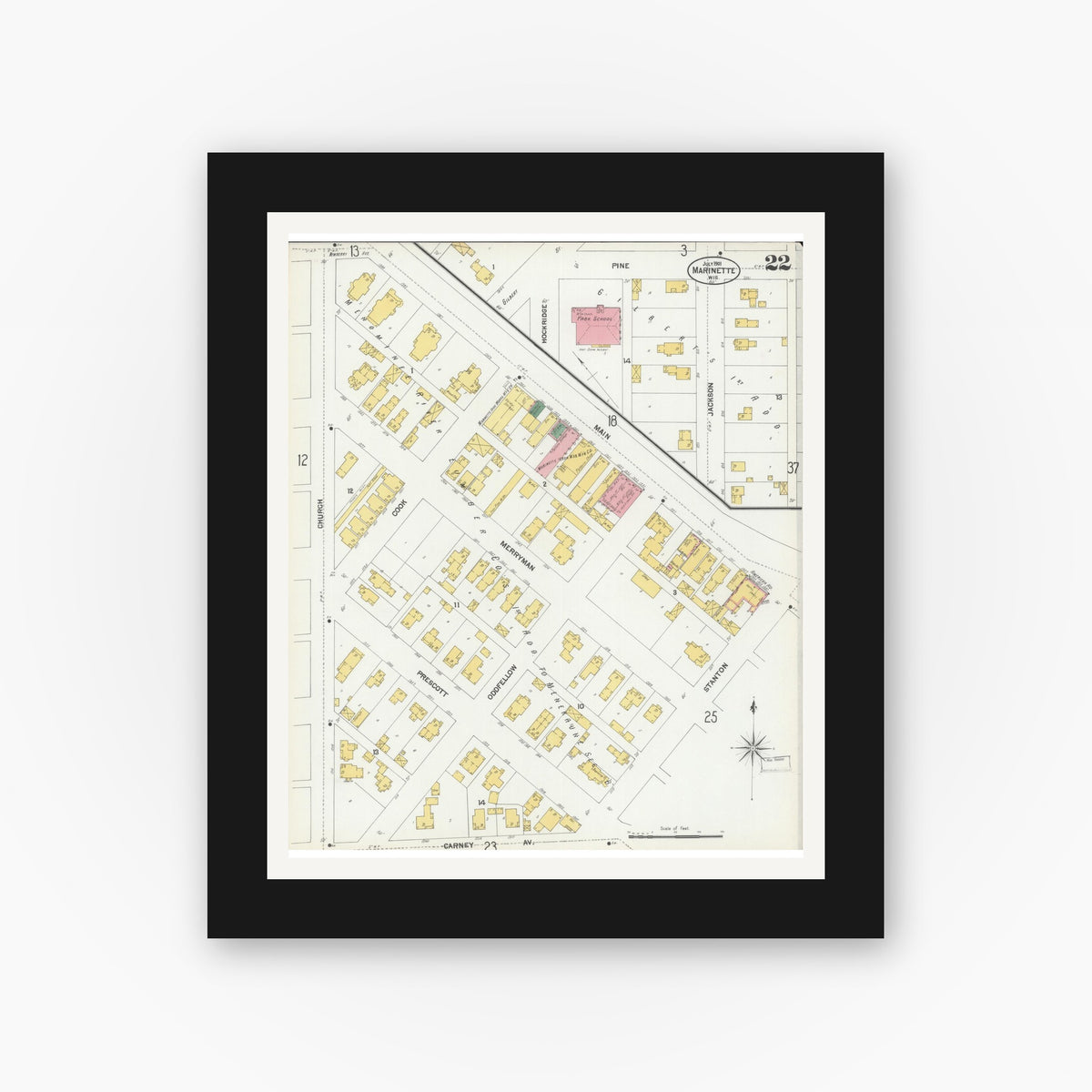 Old map wall art mockup — black gallery frame with white mat — Sanborn Fire Insurance Map from Marinette, Marinette County, Wisconsin (1901), Sheet #0022