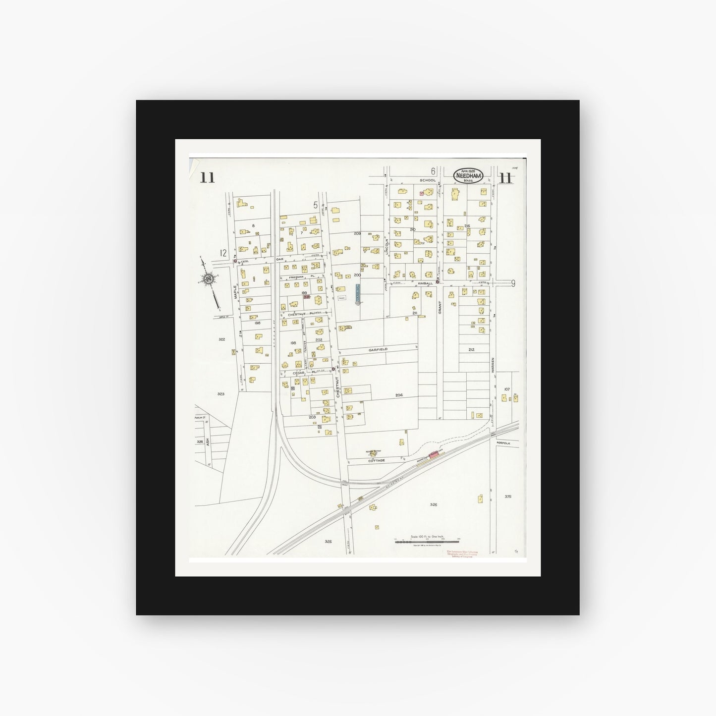 Old map wall art mockup — black gallery frame with white mat — Sanborn Fire Insurance Map from Needham, Norfolk County, Massachusetts (1926), Sheet #0011