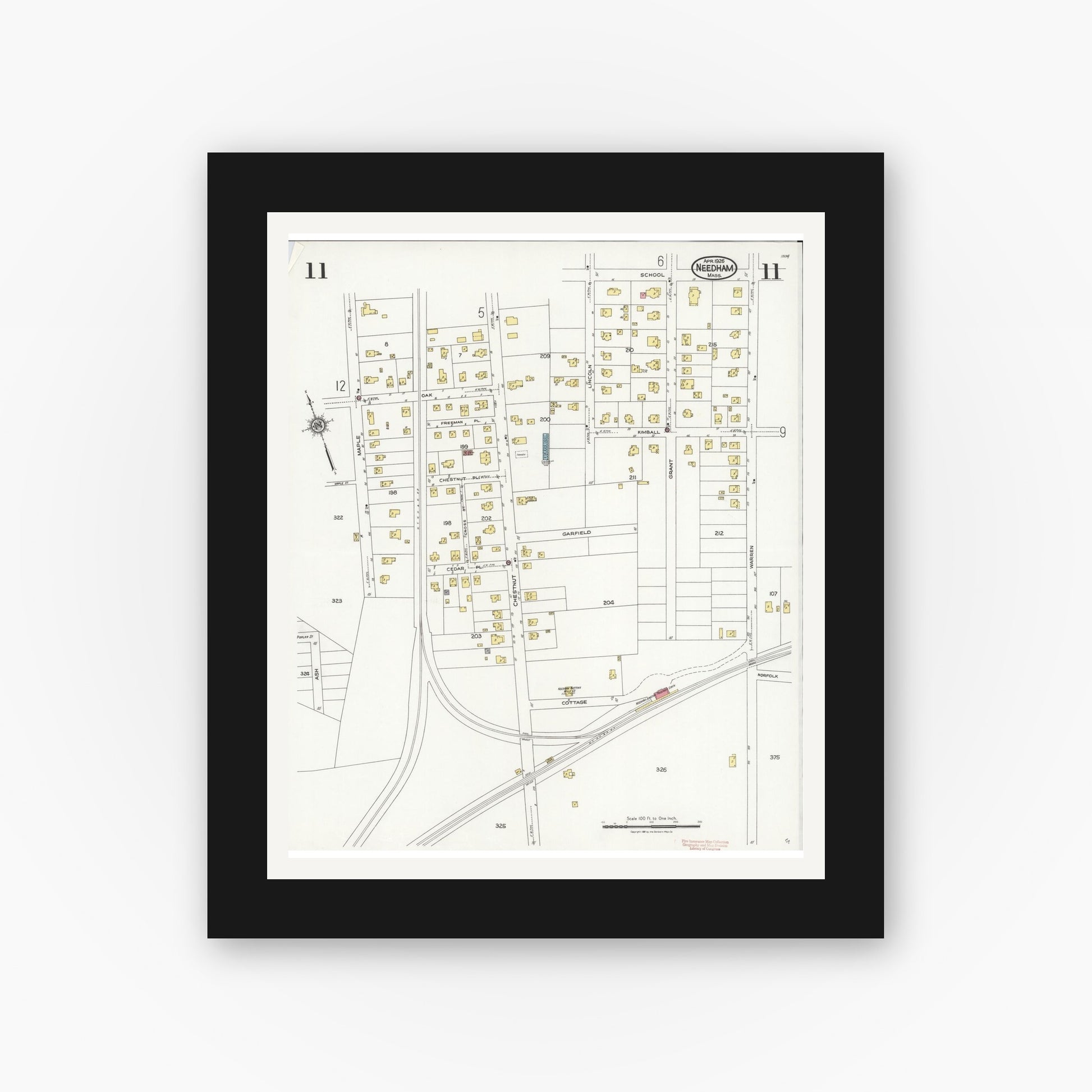 Old map wall art mockup — black gallery frame with white mat — Sanborn Fire Insurance Map from Needham, Norfolk County, Massachusetts (1926), Sheet #0011